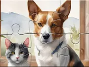 Câu đố ghép hình: Tranh sơn dầu chó và mèo